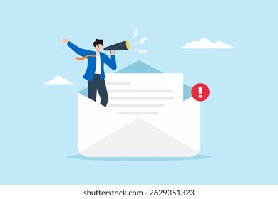 Flat illustration of businessman announcing message using megaphone standing inside open envelope with notification badge email marketing or important communication alert