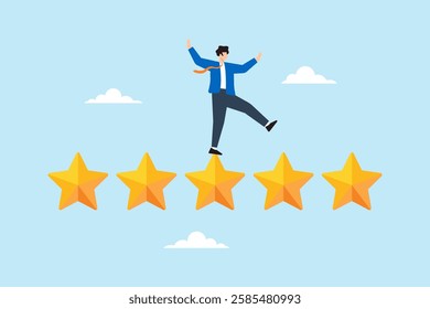 Flat illustration of businessman balance on five star rating for excellent performance review