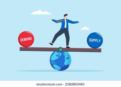 Flat illustration of businessman balancing demand and supply on globe seesaw symbolizing global economic equilibrium