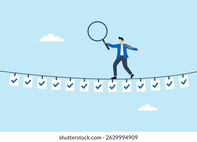 Flat illustration of businessman balancing magnifying glass on rope made of checklist papers to inspect standard approval and task completion