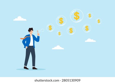 Flat illustration of businessman blowing dollar bubbles representing stock market speculation asset overvaluation and financial risk