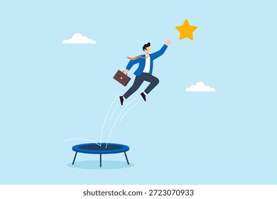 Ilustración plana del hombre de negocios que rebota del trampolín para alcanzar la estrella que simboliza la ambición, la motivación de crecimiento profesional, el éxito de avance y el logro de altas metas