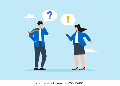 Flat illustration of businessman and businesswoman ask answer with question and exclamation mark engaging in QA session to solve workplace problem