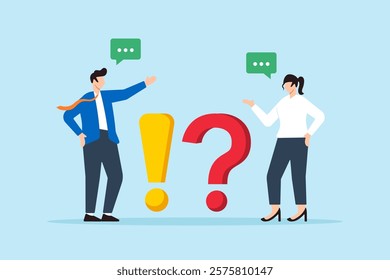 Flat illustration of businessman and businesswoman discuss question mark and exclamation mark with speech bubble symbolizing problem solving through FAQ