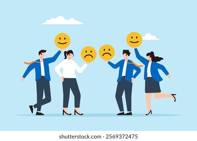 Flat illustration of businessman and businesswoman hold happy and sad faces emoji symbolizing employee morale and team spirit