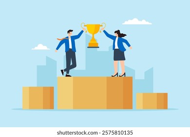 Flat illustration of businessman and businesswoman hold trophy on podium celebrating team success and victory