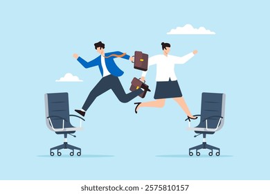 Flat illustration of businessman and businesswoman jump onto office chair symbolizing job rotation for new skill and responsibility