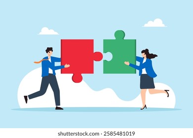 Flat illustration of businessman and businesswoman partner connect jigsaw puzzle piece to solve challenge together