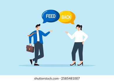 Flat illustration of businessman and businesswoman provide feedback to each other for improvement in workplace