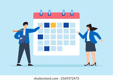 Flat illustration of businessman and businesswoman work together on calendar planner to schedule and organize team meetings