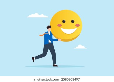 Flat illustration of businessman carry big happy smile face symbolizing job satisfaction and positive workplace morale