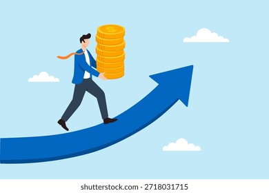 Ilustración plana del hombre de negocios que lleva la pila de monedas de oro caminando en la flecha de crecimiento creciente que simboliza el éxito financiero, el aumento de las ganancias y el crecimiento de la inversión