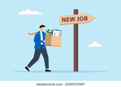 Flat illustration of businessman carrying stuff in box and moving to new job symbolizing career change and new opportunities