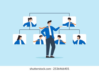 Flache Abbildung Geschäftsmann CEO reorganisieren Mitarbeiter Rollendiagramm Anpassen Team Struktur Personalzuweisung Effizienz