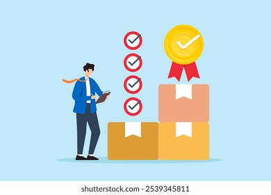 Flat illustration of businessman check product quality control qc with checklist and medal badge giving certified approval process excellence service delivery guarantee