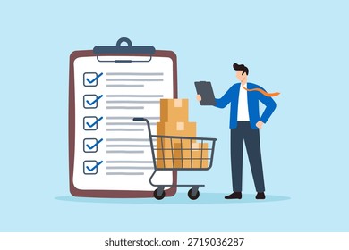 Ilustração plana de empresário verificando lista concluída ao lado do carrinho de compras simbolizando o gerenciamento de inventário de atendimento de pedidos e o processo da cadeia de suprimentos