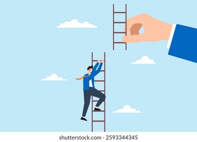 Flat illustration businessman climb broken ladder with giant helping hand connect next part