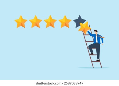 Flat illustration businessman climb up ladder to place fifth star representing 5 star rating for high quality service