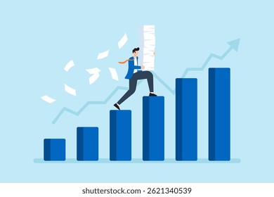 Flat illustration of businessman climbing growing bar chart while carrying heavy paperwork as symbol of pressure growth and productivity challenge