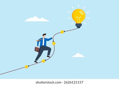 Flat illustration of businessman climbing rope made of glowing lightbulbs toward big solution peak representing expert-driven progress and inspirational success