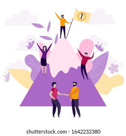 Flat illustration with businessman climbing together on mountain peak top on clouded sky background. 