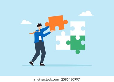 Flat illustration of businessman complete last missing jigsaw puzzle piece to solve business problem