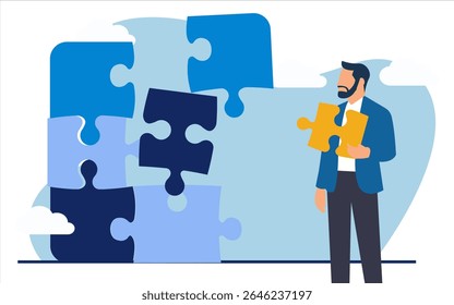 Ilustração plana de empresário completa última faltante peça de quebra-cabeça para resolver problema de negócios	