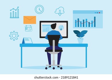 flat illustration of a businessman with a computer to finish his work