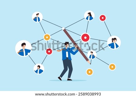 Flat illustration businessman connect networking chart with pencil symbolizing social connection for business opportunity
