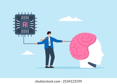 Ilustración plana del hombre de negocios que conecta el cerebro humano con el chip de IA que simboliza la colaboración con la inteligencia artificial