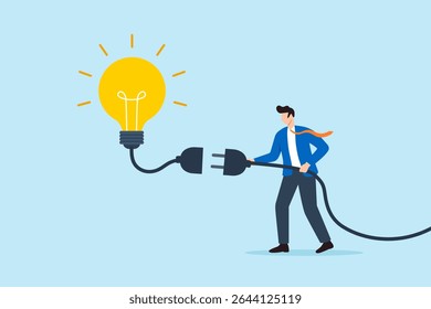 Flat illustration of businessman connecting power cable to glowing lightbulb new idea creativity innovation energy success invention and problem solving