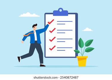 Flat illustration of businessman consultant giving check mark verify step on business checklist in clipboard