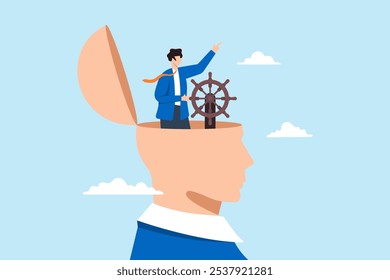 Flat illustration of businessman control steering wheel on head leadership thinking in business decision guidance to motivation mindset