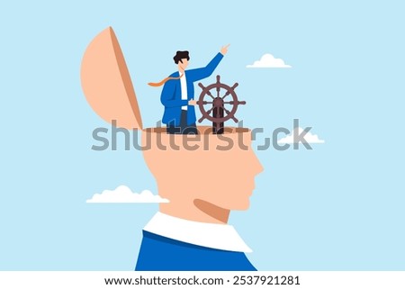 Flat illustration of businessman control steering wheel on head leadership thinking in business decision guidance to motivation mindset
