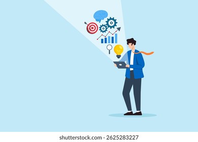 Ilustração plana de empresário descobrindo insight com tablet projetando dados gráfico de engrenagens de alvo do cérebro de visualização e lâmpada brilhante como conceito de solução de negócios