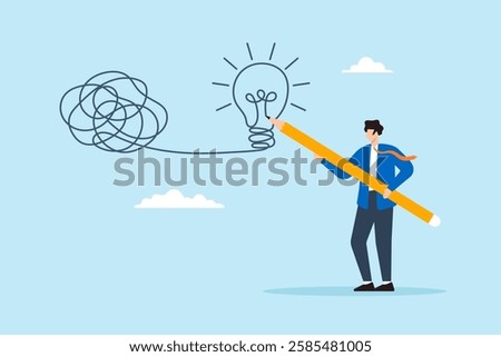 Flat illustration of businessman draw lightbulb from messy knot to simplify complex business problem
