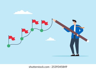 Ilustración plana de la línea de flujo de trabajo del dibujo del hombre de negocios con la bandera del logro en el mapa del progreso del proyecto hito del proceso de trabajo de seguimiento del viaje de la experiencia de trabajo