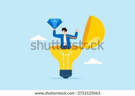 Flat illustration of businessman emerging from open light bulb while holding diamond symbolizing valuable idea innovation creativity breakthrough thinking and discovery of golden opportunity