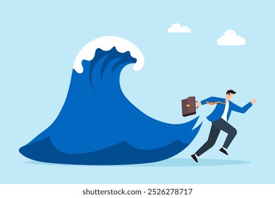 Flat illustration of businessman escapes from dangerous wave symbolizing running away from business crisis.