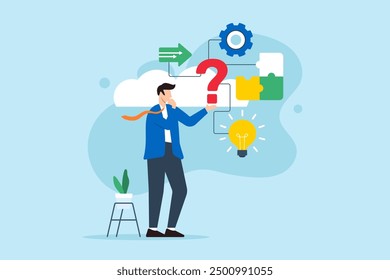 Flat illustration of businessman evaluating question mark symbol for potential solutions