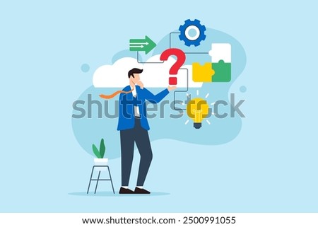 Flat illustration of businessman evaluating question mark symbol for potential solutions