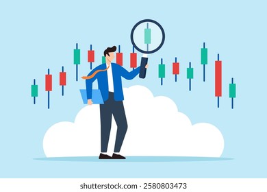 Flat illustration of businessman examine candlestick chart with magnifying glass symbolizing technical stock market analysis