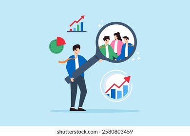 Flat illustration of businessman examine large magnifier over customer group symbolizing research for marketing insight