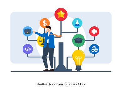 Flat illustration of businessman examining decision tree with various career options and paths