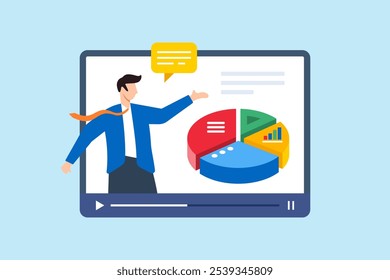 Flat illustration of businessman expert explain pie chart on video media player and online tutorial training course business strategy education clip
