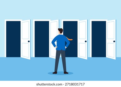 Ilustración plana de un hombre de negocios frente a múltiples puertas abiertas que simbolizan la elección de carrera, la toma de decisiones de oportunidad y la dirección futura incierta
