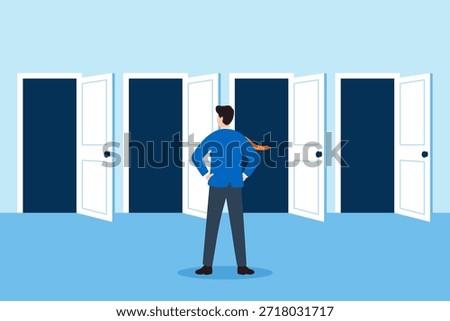 Flat illustration of businessman facing multiple open doors symbolizing career choice opportunity decision making and uncertain future direction