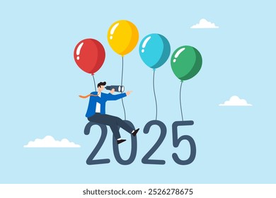 Ilustración plana de un hombre de negocios vuela con globos de 2025 usando un telescopio para apuntar al éxito futuro