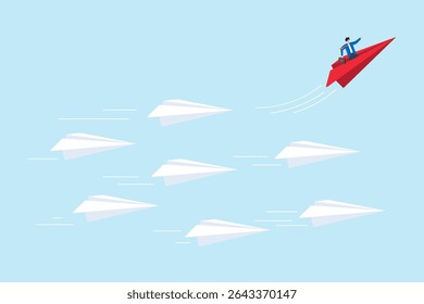 Flat illustration of businessman flying red paper plane in different direction to symbolize leadership innovation and thinking differently from the crowd