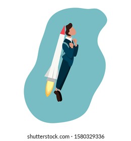 Flat Illustration Of A Businessman Flying With A Rocket Jet Pack In The Sky Vector